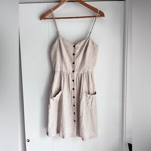 Tan Linen/Cotton Blend Buttoned Spaghetti Strap Sundress